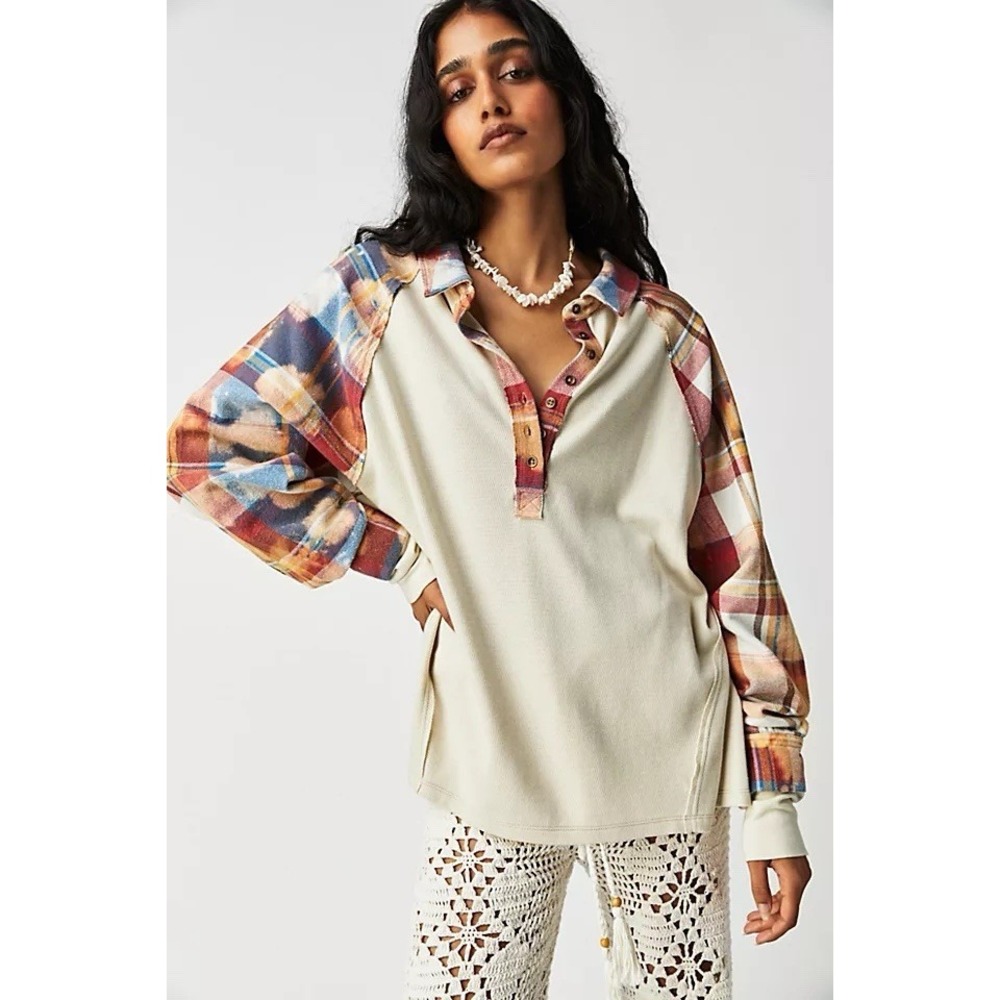 Free People We The Free Isabelle Thermal Plaid Henley Mink Women's S $98